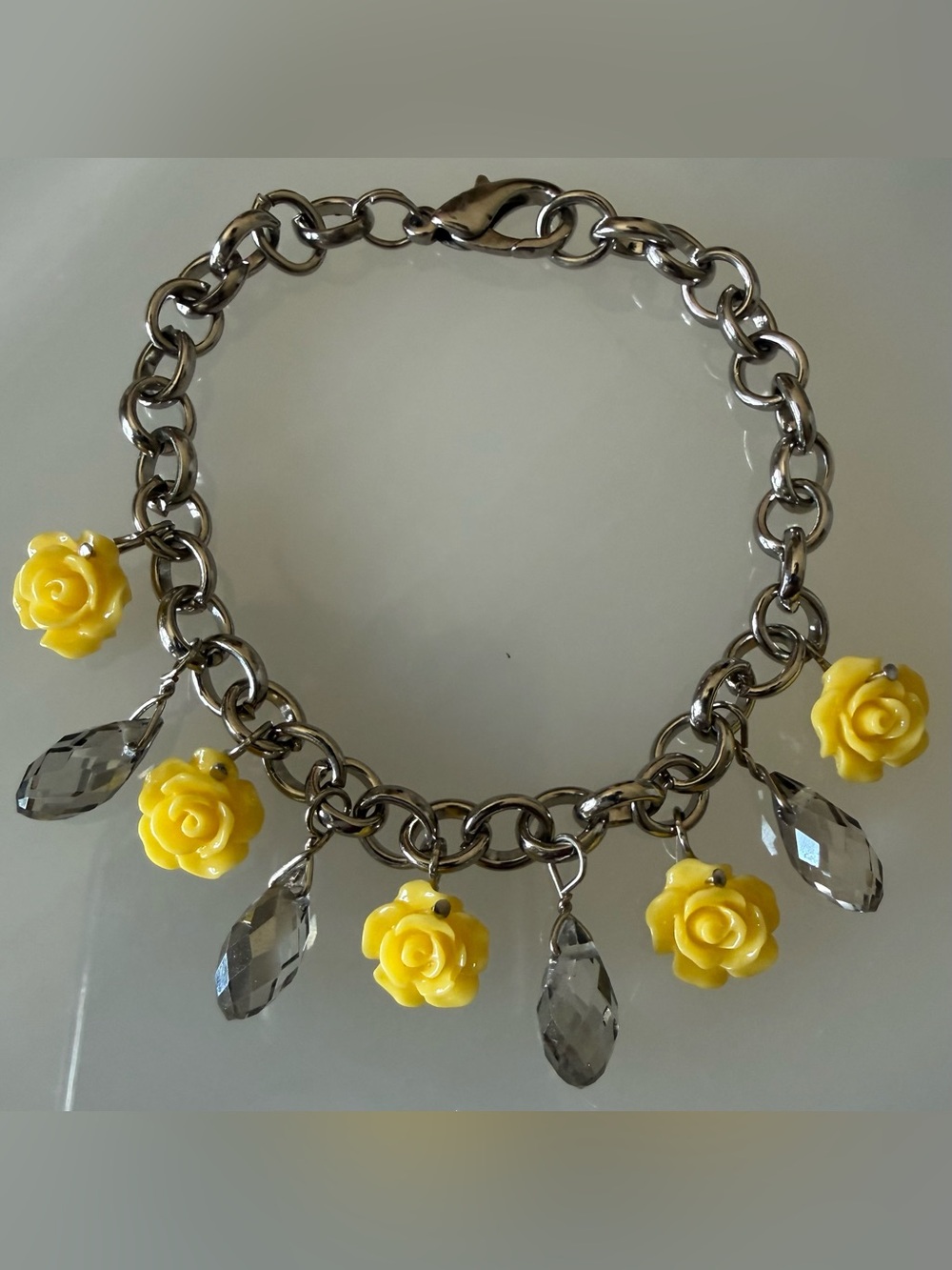 Vintage-Inspired Yellow Rose & Crystal Drop Charm Bracelet 7.5” Statement Jewelr